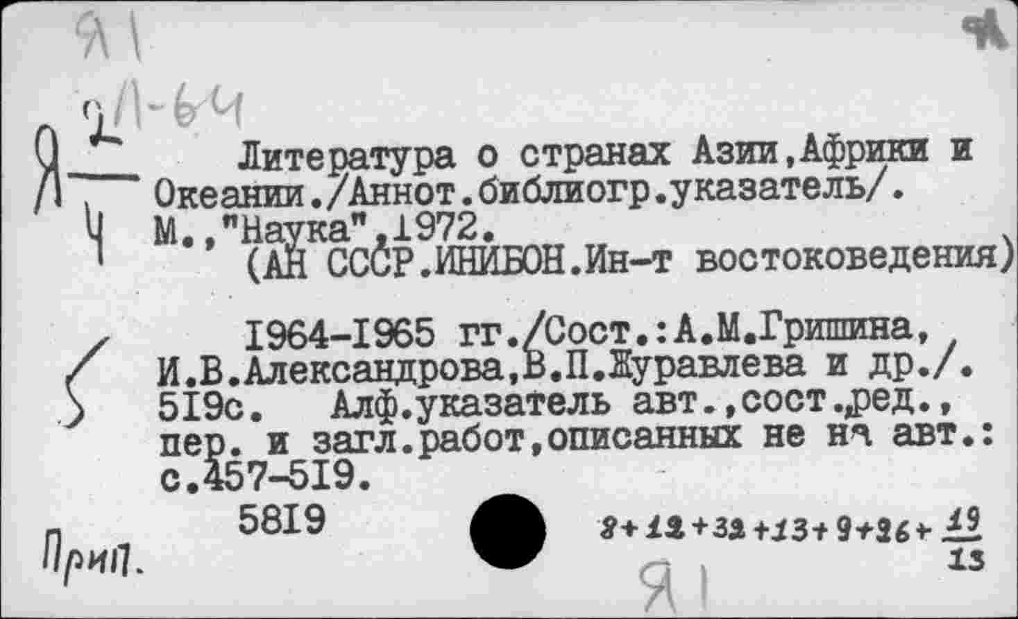 ﻿И.В.Александрова 519с.	' ’
пер. и заг с.457-519.
5819	4
Литература о странах Азии,Африки и .	Океании./Аннот.библиогр.указатель/.
Ч М пНаукап 1.972.
’	” (АН Ссбр.ИНИБОН.Ин-т востоковедения)
✓	1964-1965 гг./Сост.:А.М.Гришина,
<	И.В.Александрова,В.П.Журавлева и др./.
.	Алф.указатель авт.,сост.^ед.,
_и загл.работ,описанных не на авт.:
П 1	1з